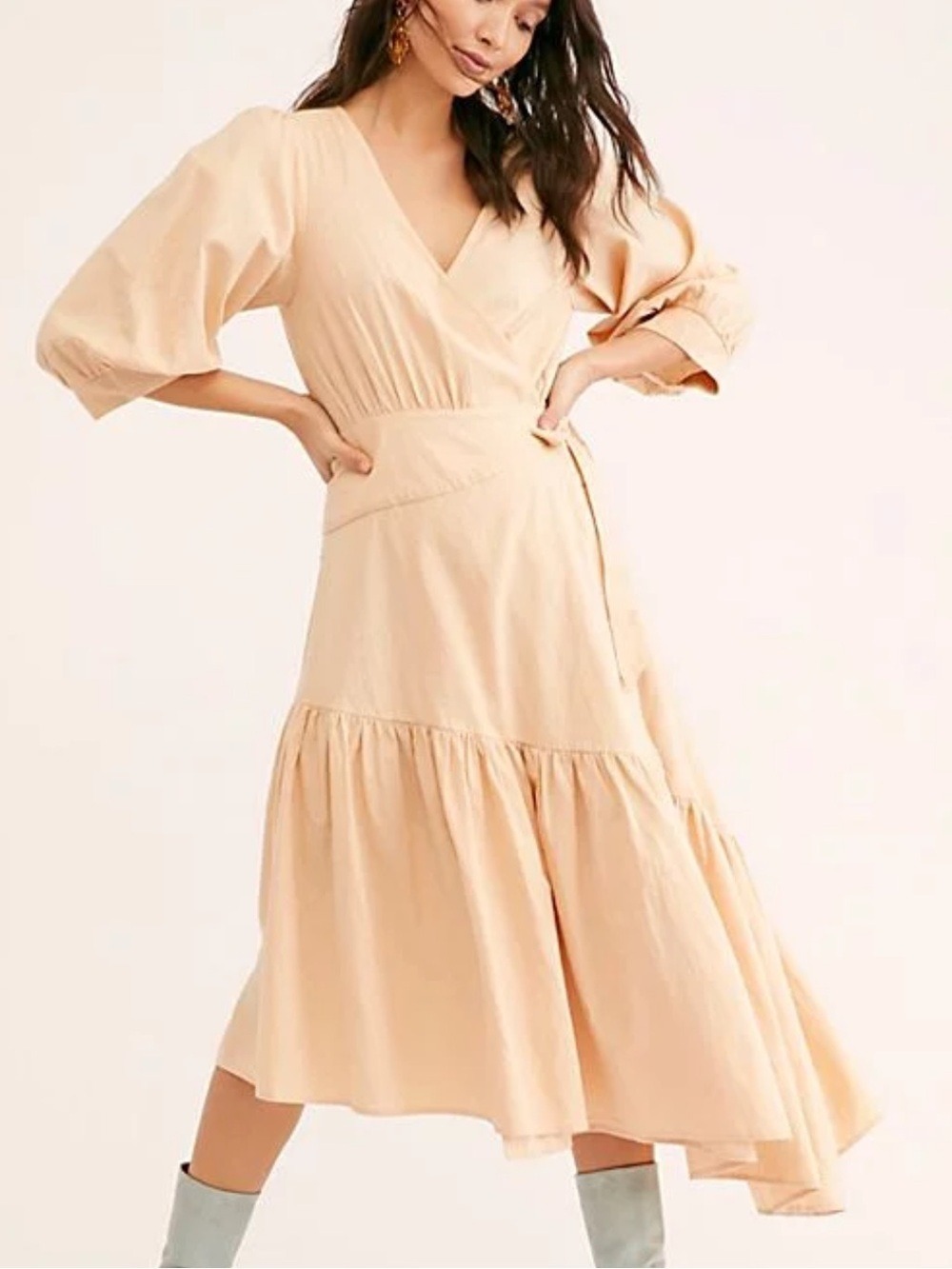 Free People Peach Linen Blend Balloon Sleeve Tiered Midi Wrap Dress Sz S Peach
